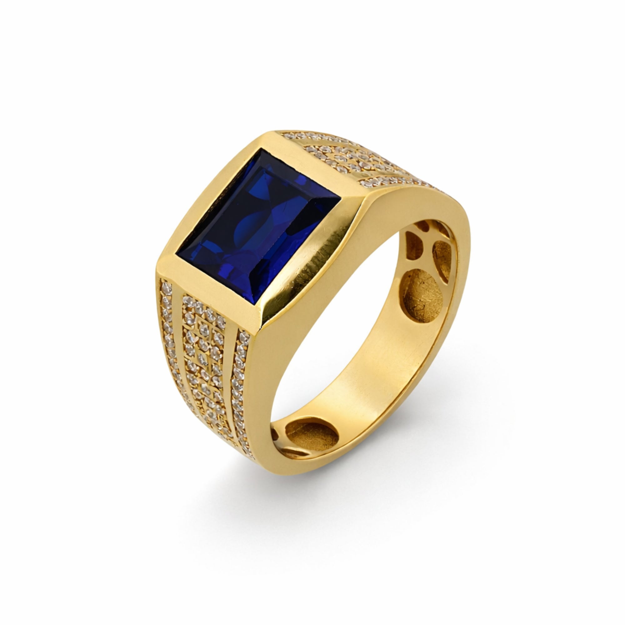 14K Yellow Gold Geometric with Blue Stone Men’s Ring