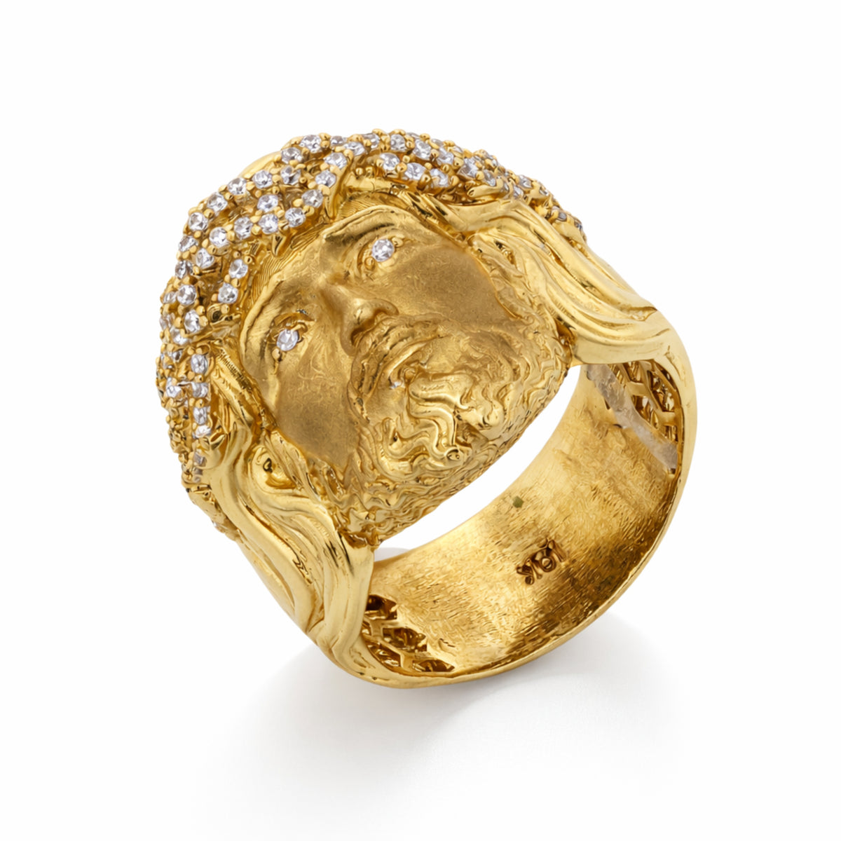 10K Yellow Gold Jesus Face Ring with CZ Pavé