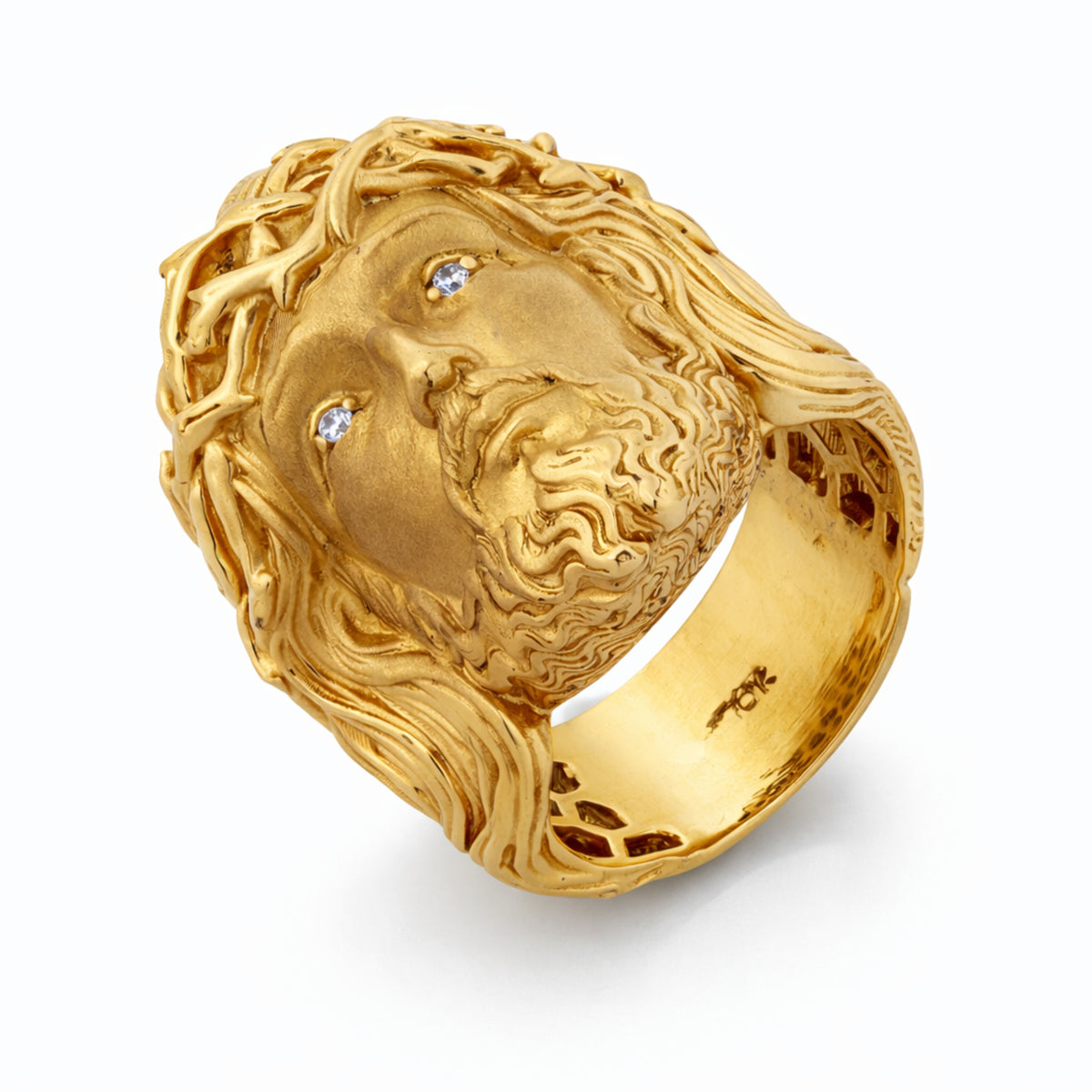 10K Yellow Gold Jesus Face Ring with Crown of Thorns