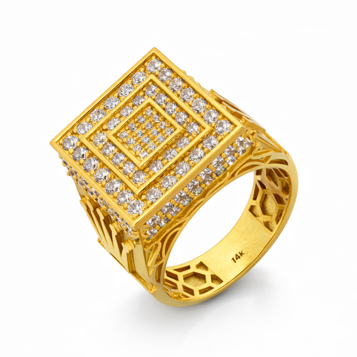 10K Yellow Gold Stepped Square CZ Pavé Signet Ring