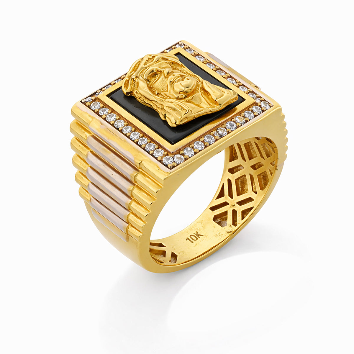 10K Tri-Color Gold Black Onyx Religious Signet Ring