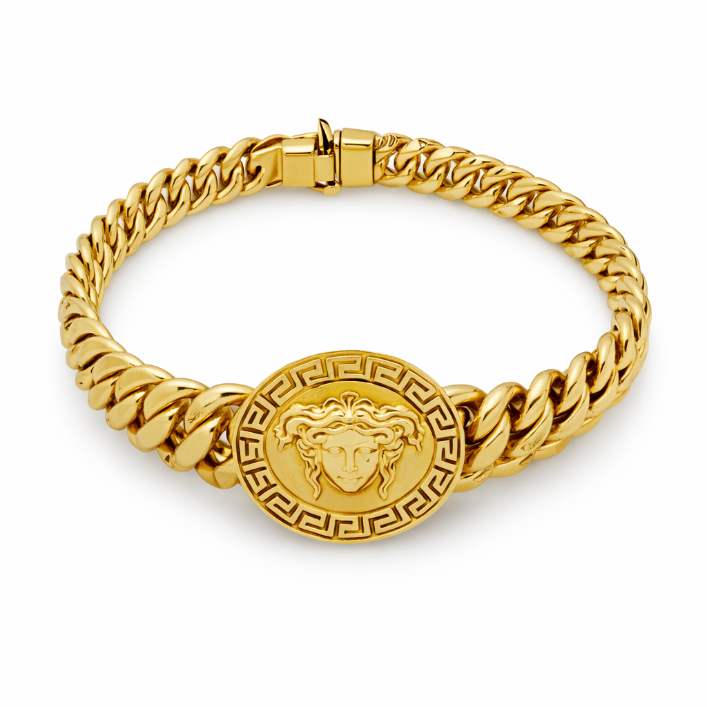 10K Yellow Gold Medusa Medallion Cuban Link Bracelet
