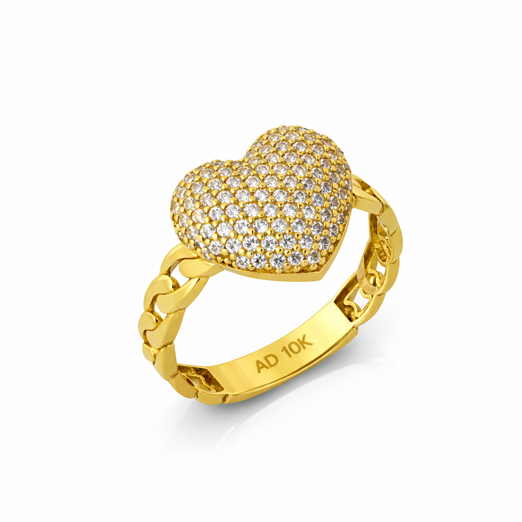 10K Yellow Gold Heart CZ Pavé Cuban Link Women's Ring