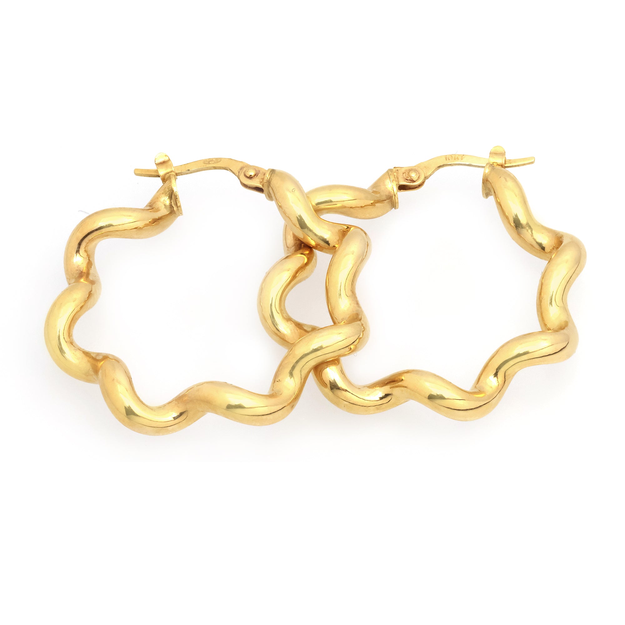 10K Yellow Gold Wavy Ripple Hoop Earrings