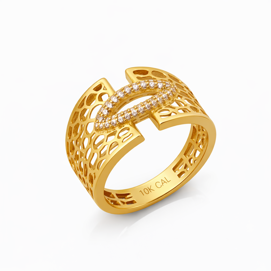 10K Yellow Gold Filigree Oval CZ Loop Women's Ring