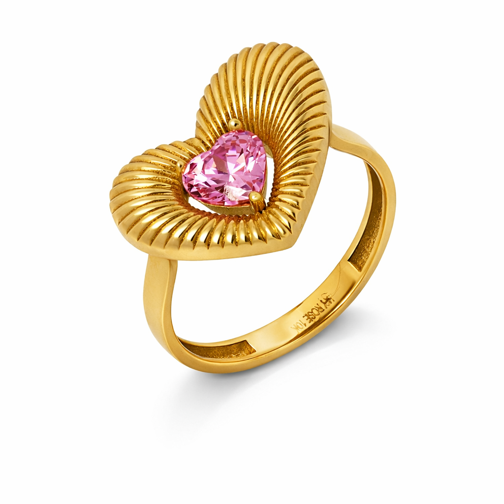 10K Yellow Gold Fluted Pink Heart Stone Women's Ring