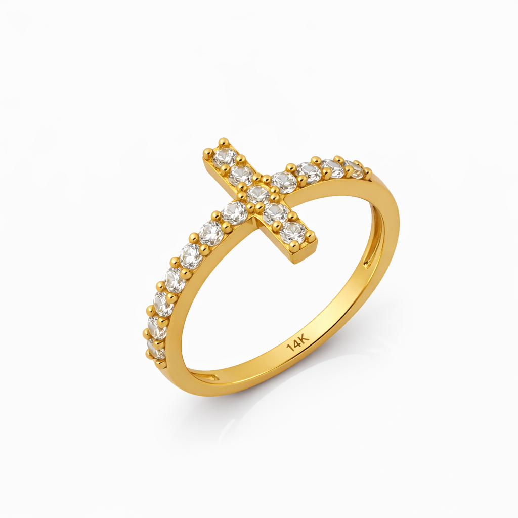 10K Yellow Gold Sideways Cross CZ Women's Ring