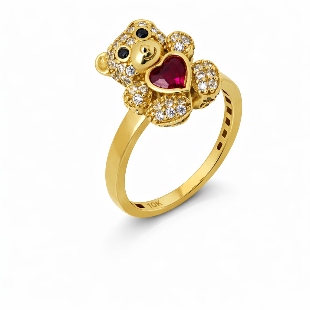 10K Yellow Gold Teddy Bear with Red Heart Women's Ring