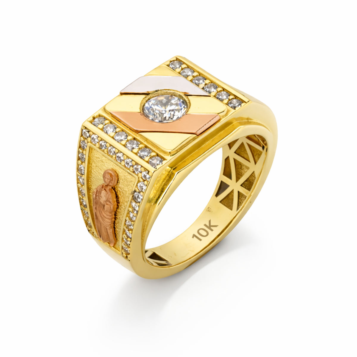10K Tri-Color Gold Chevron Ring with CZ Solitaire