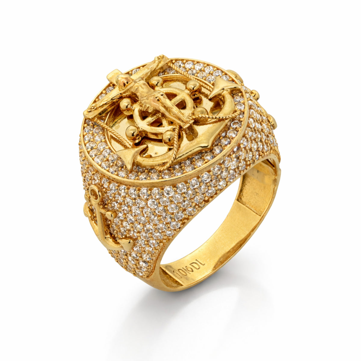 10K Yellow Gold Nautical Anchor CZ Medallion Ring