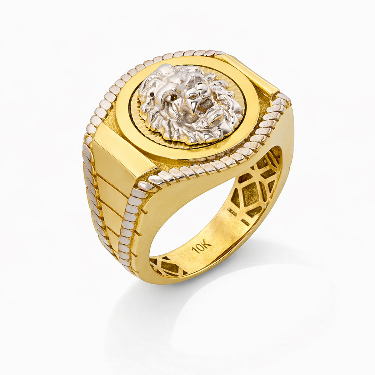10K Two-Tone Gold Lion Head Medallion Ring