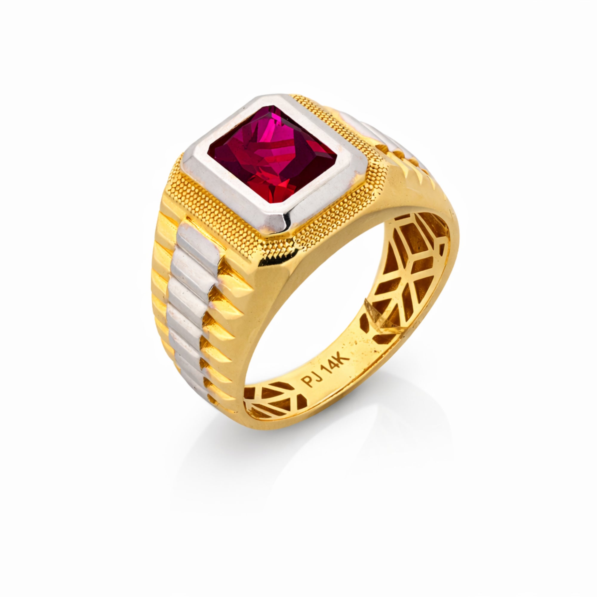 14K Yellow Gold Square Red Stone Men’s Ring