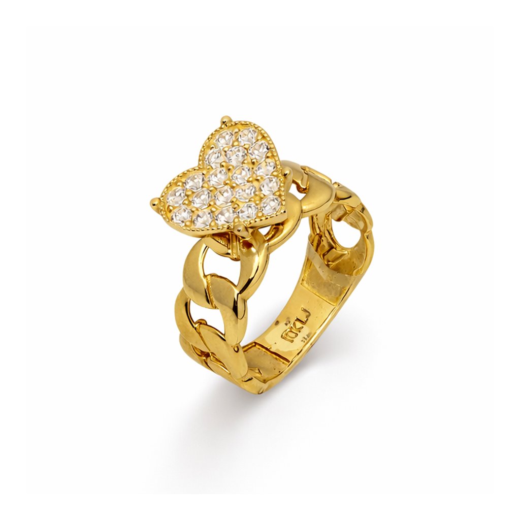 10K Yellow Gold Cuban Link Band Ring – Pavé Heart