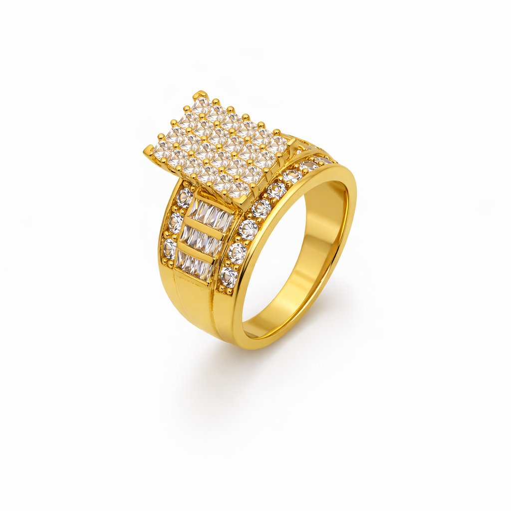 10K Yellow Gold Princess Cluster Ring – Iced Out Baguette & Round Stone Shank