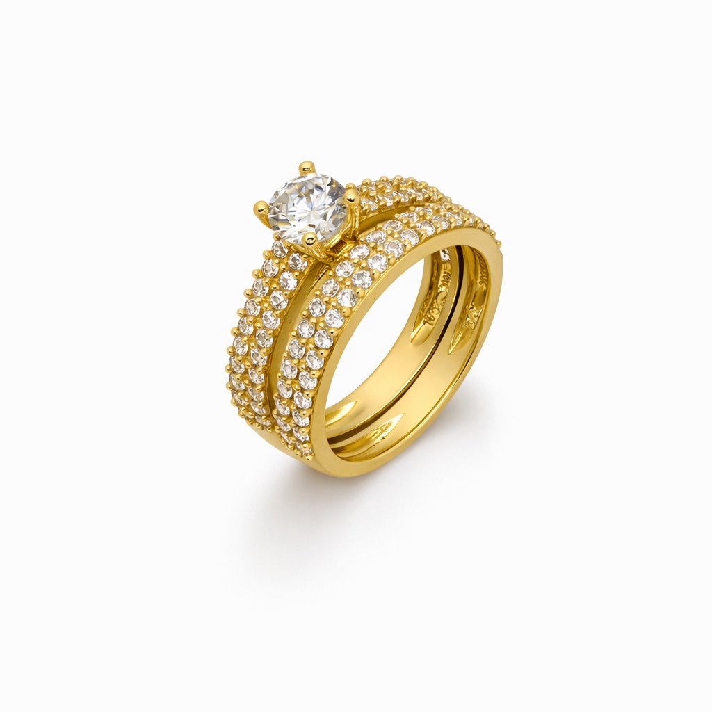 10K Yellow Gold Solitaire Engagement Ring & Pavé Wedding Band Set