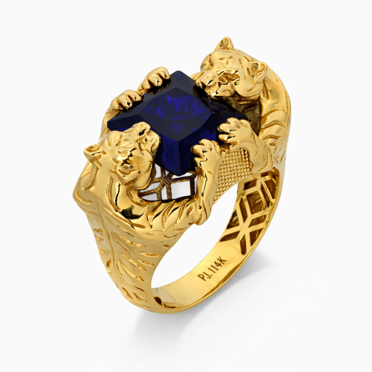 14K Yellow Gold Tiger Heads Blue Stone Ring