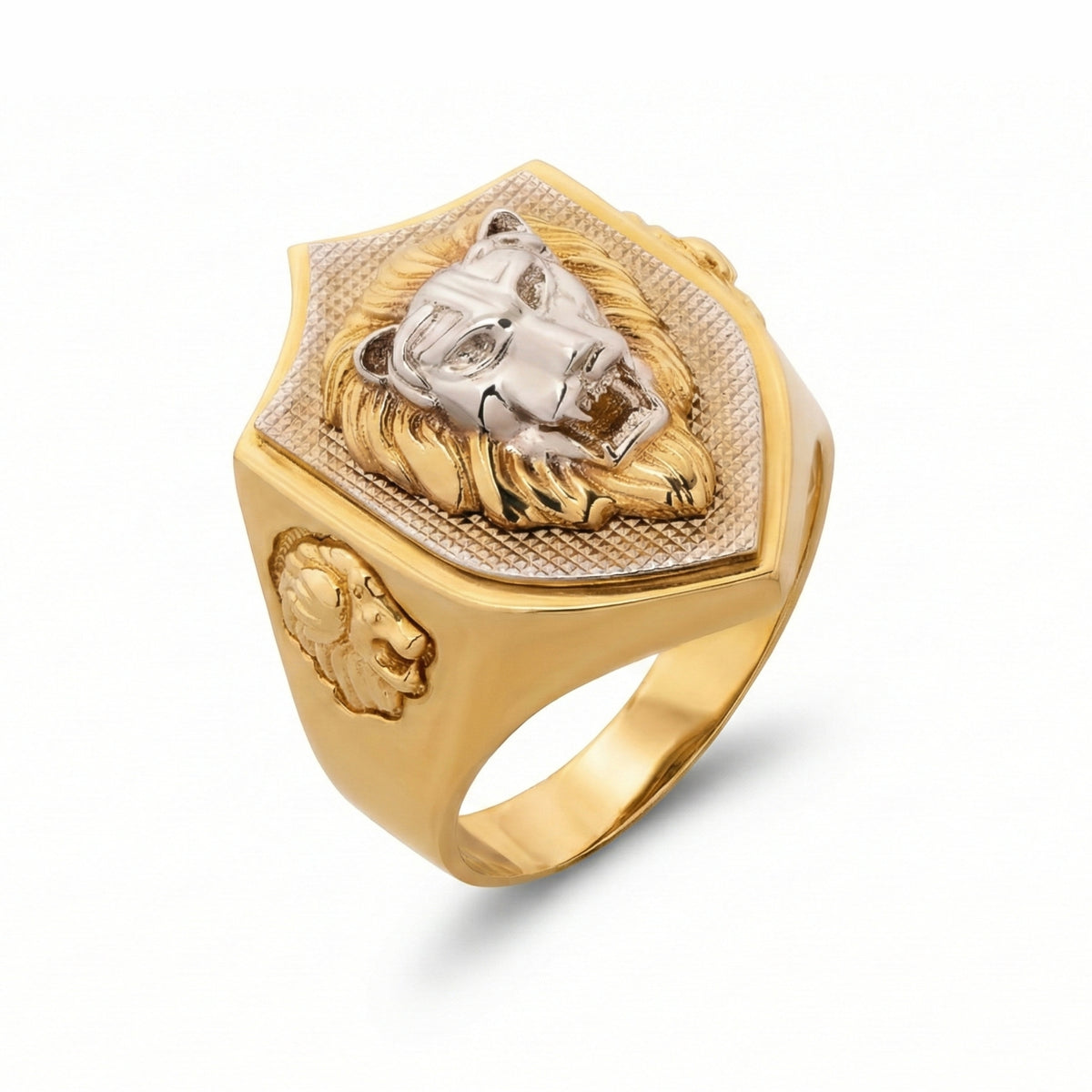 14K Two-Tone Gold Lion Head Shield Ring