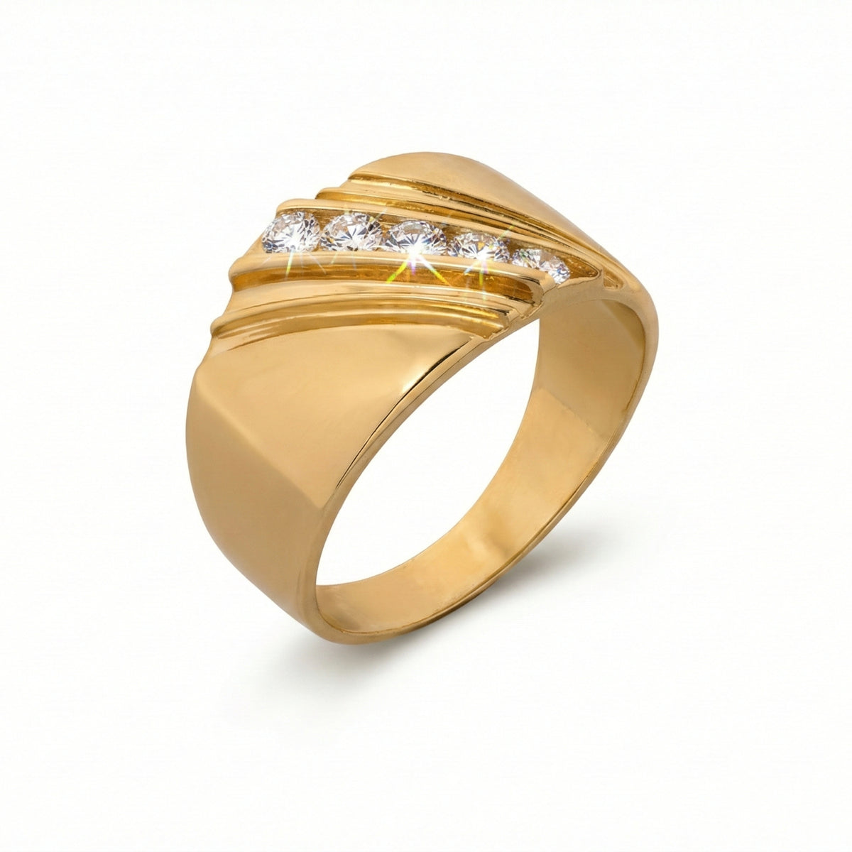 14K Yellow Gold Dome Band Ring with Diagonal CZ Row