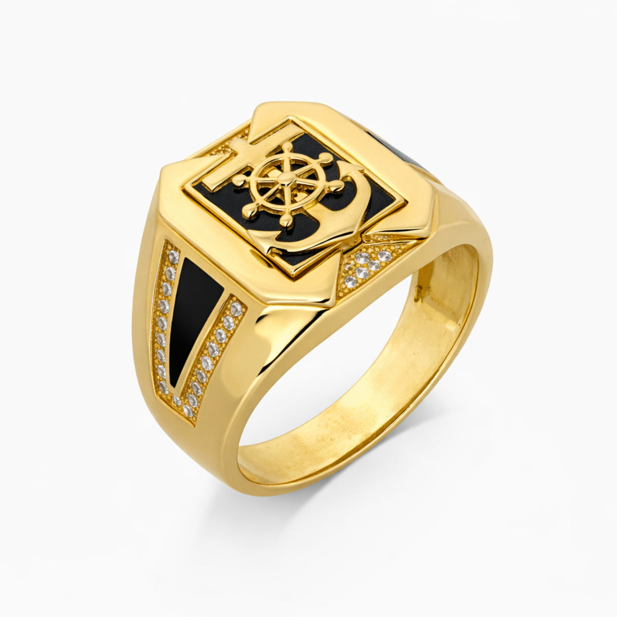 14K Yellow Gold Ship Wheel Black Enamel Signet Ring