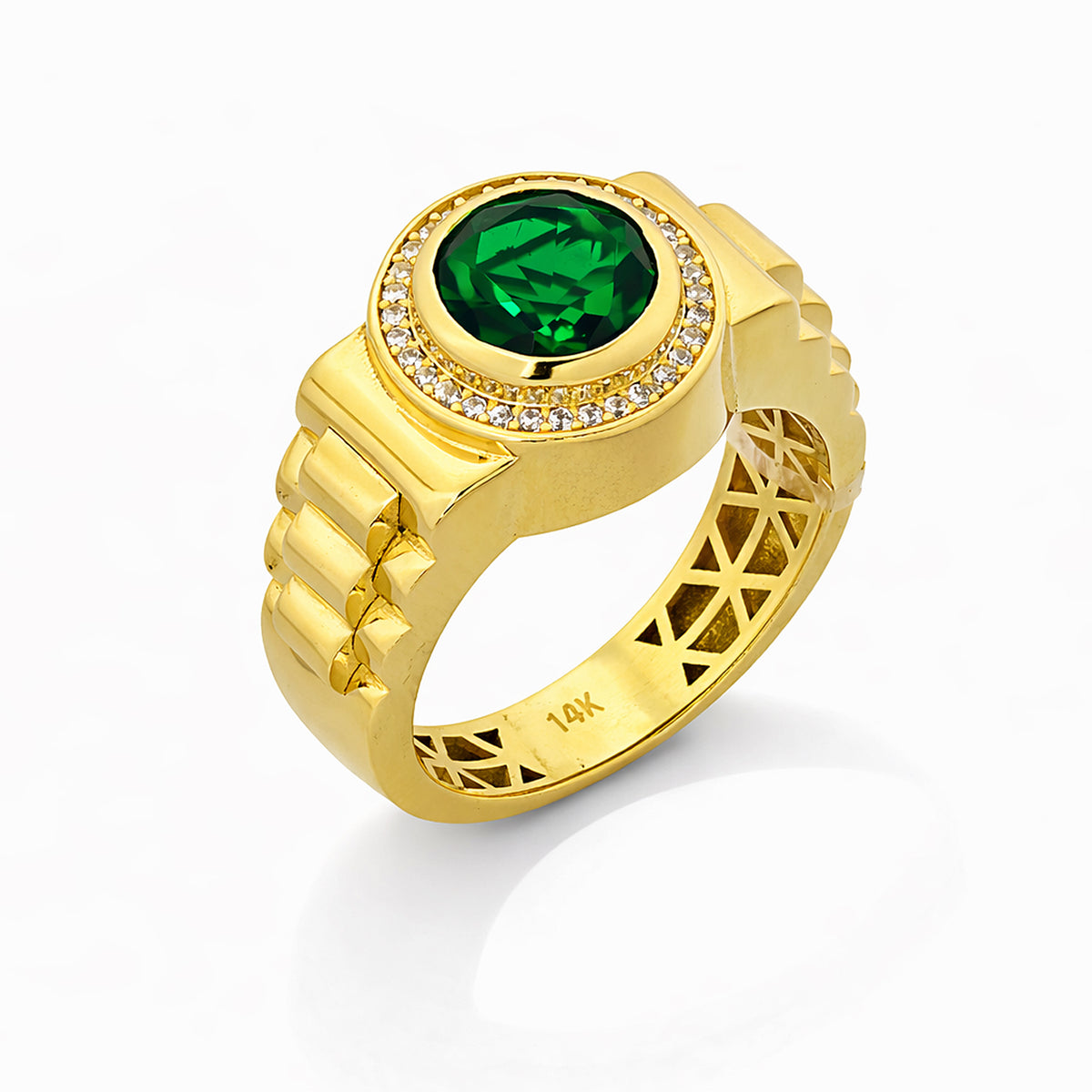 14K Yellow Gold Green Stone CZ Halo Ring