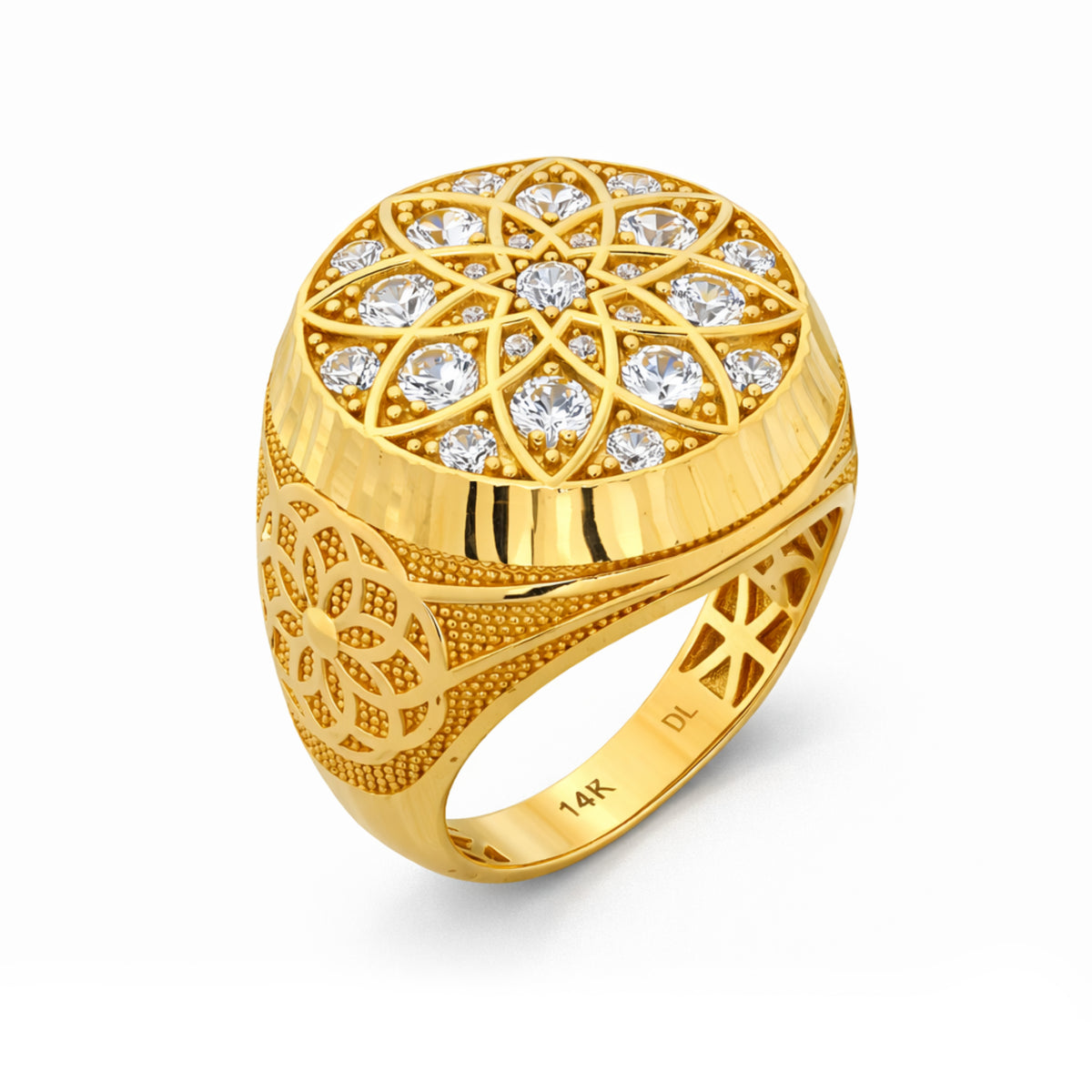 14K Yellow Gold Geometric Lattice CZ Ring
