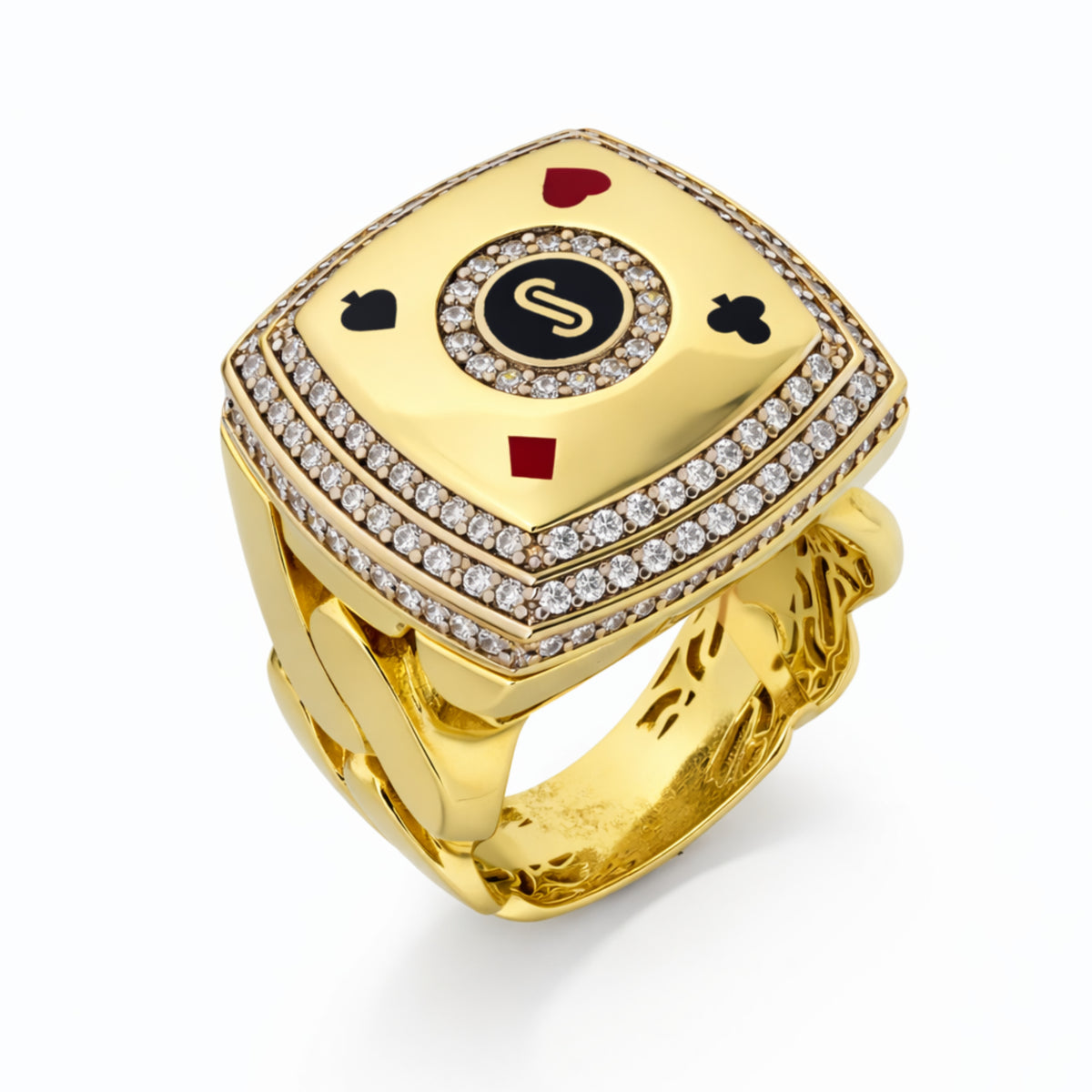 14K Yellow Gold Playing Card Suits Enamel Ring