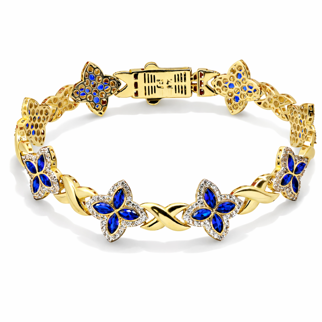 14K Yellow Gold Blue CZ Flower Bracelet