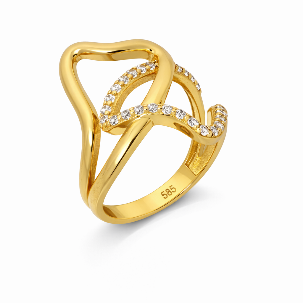 14K Yellow Gold Open Wave Heart CZ Women's Ring