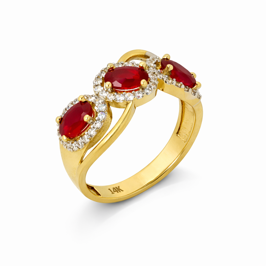 14K Yellow Gold Three-Stone Red CZ Halo Women's Ring