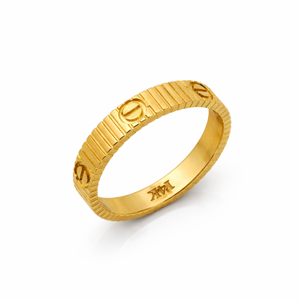 14K Yellow Gold Ribbed Rivet Band Women's Ring