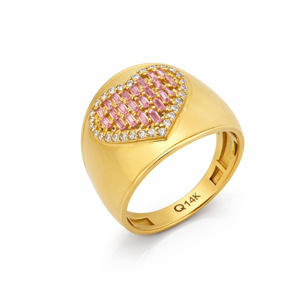 14K Yellow Gold Heart Pink Baguette CZ Women's Ring