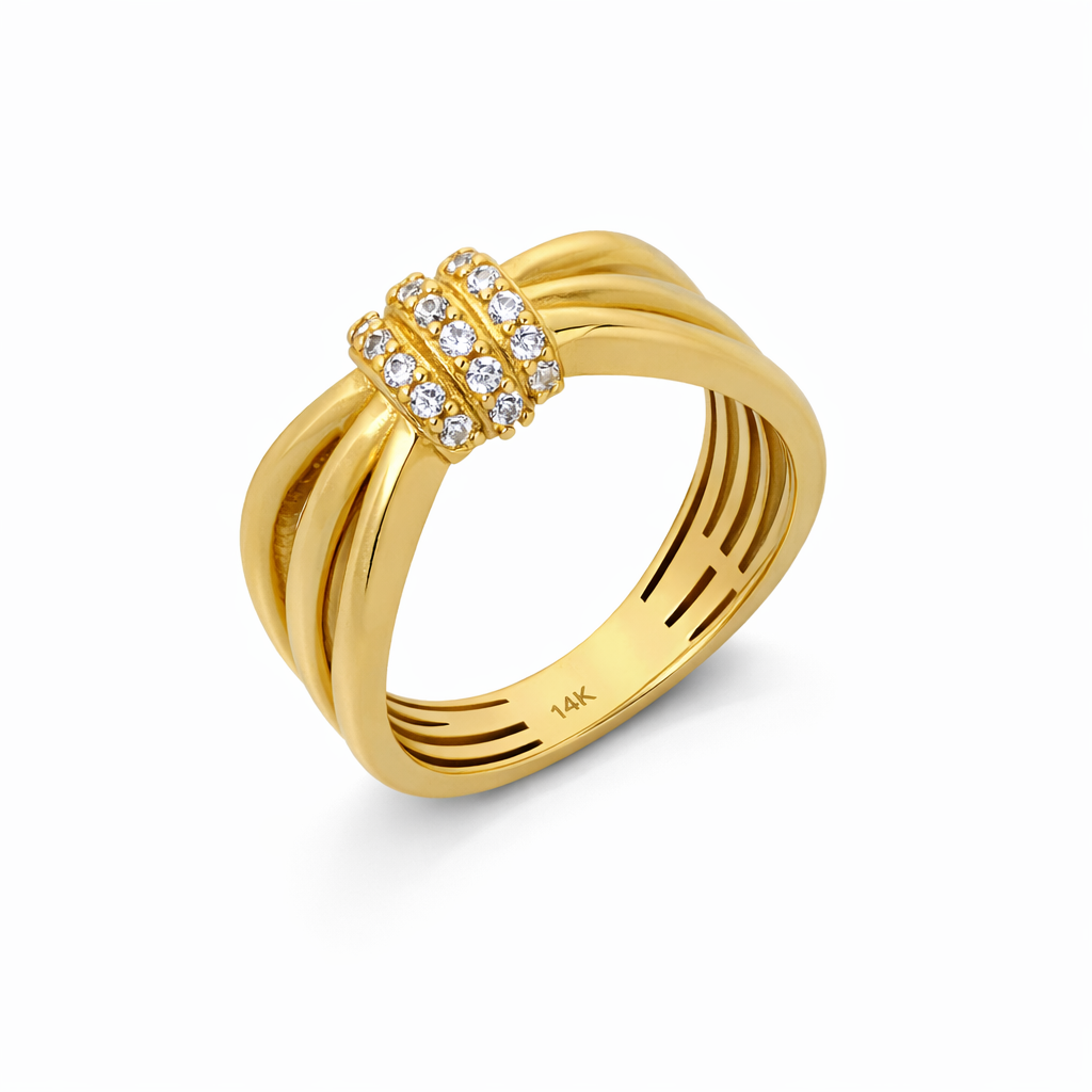 14K Yellow Gold Triple-Band CZ Knot Women's Ring