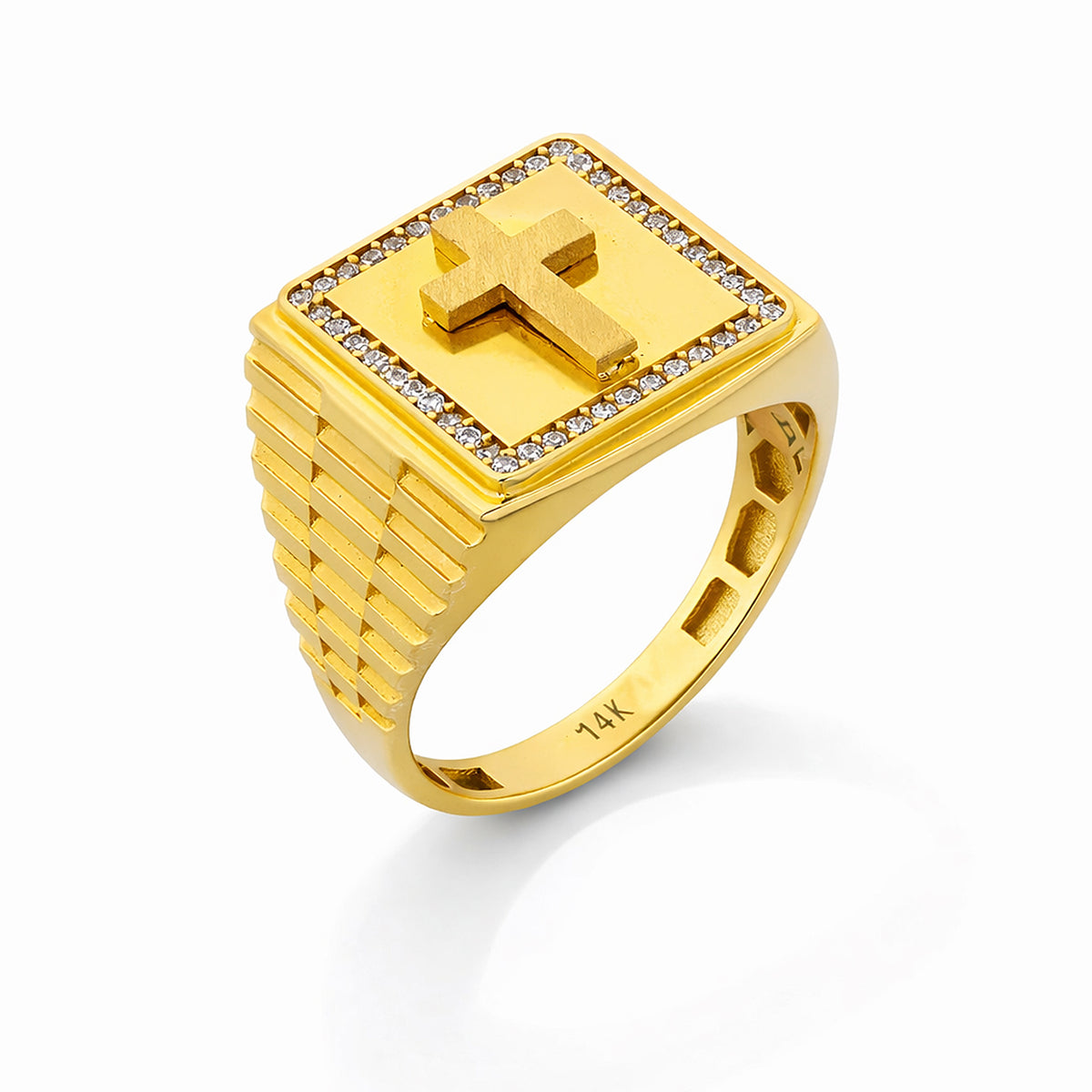 14K Yellow Gold Cross Signet Ring with CZ Border
