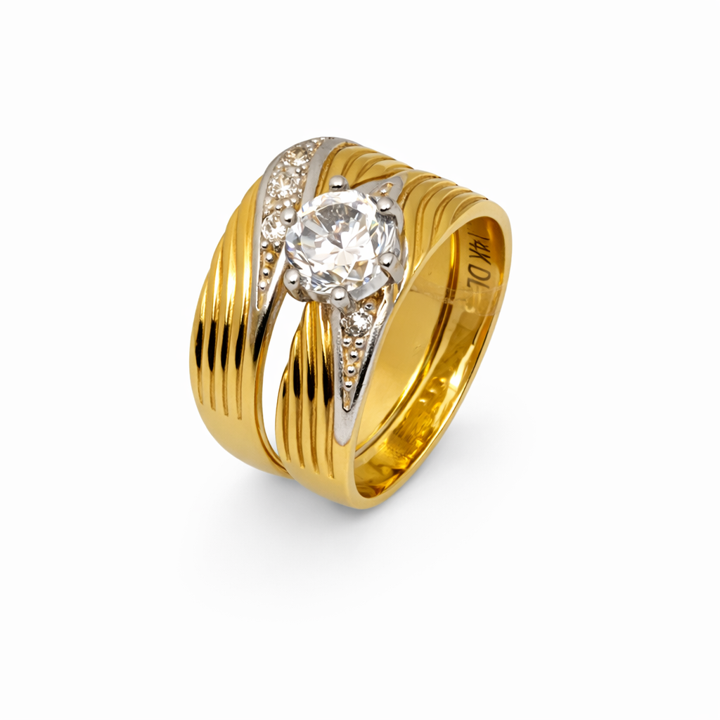 14K Two-Tone Gold Ribbed Wide Band Solitaire Bridal Ring Set