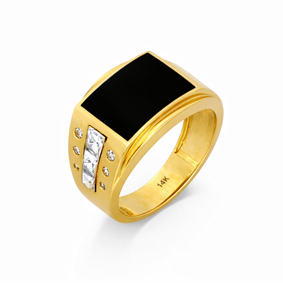 14K Yellow Gold Black Onyx Signet Ring with Baguette CZ