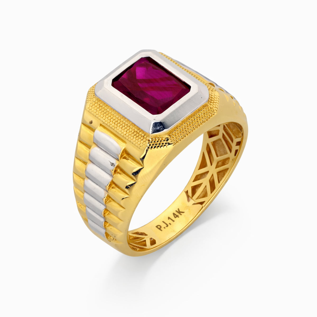 14K Two-Tone Gold Emerald-Cut Red Stone Ring