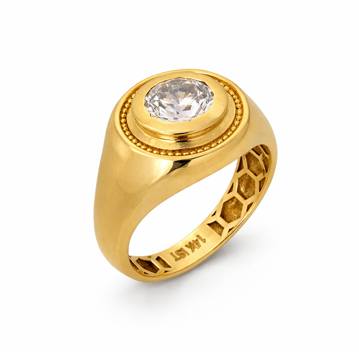 14K Yellow Gold Dome Signet Ring with CZ Solitaire