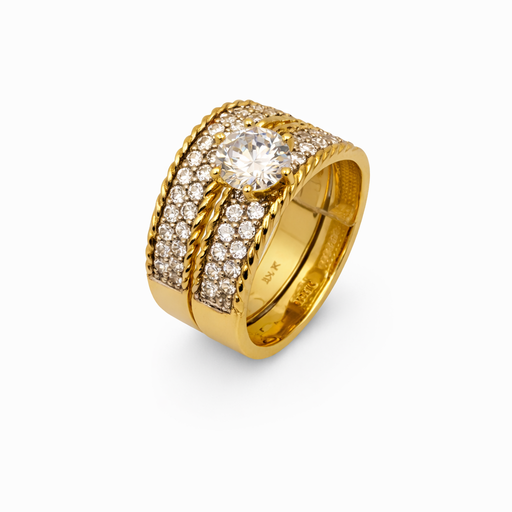 14K Yellow Gold Rope Border Full Pavé Solitaire Bridal Ring Set