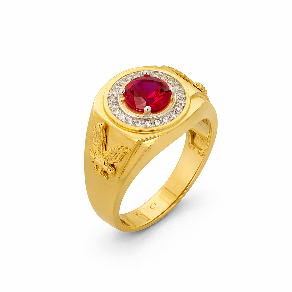 14K Yellow Gold Red Stone CZ Halo Ring