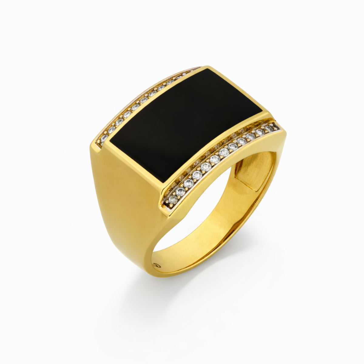 14K Yellow Gold Black Onyx Ring with CZ Borders