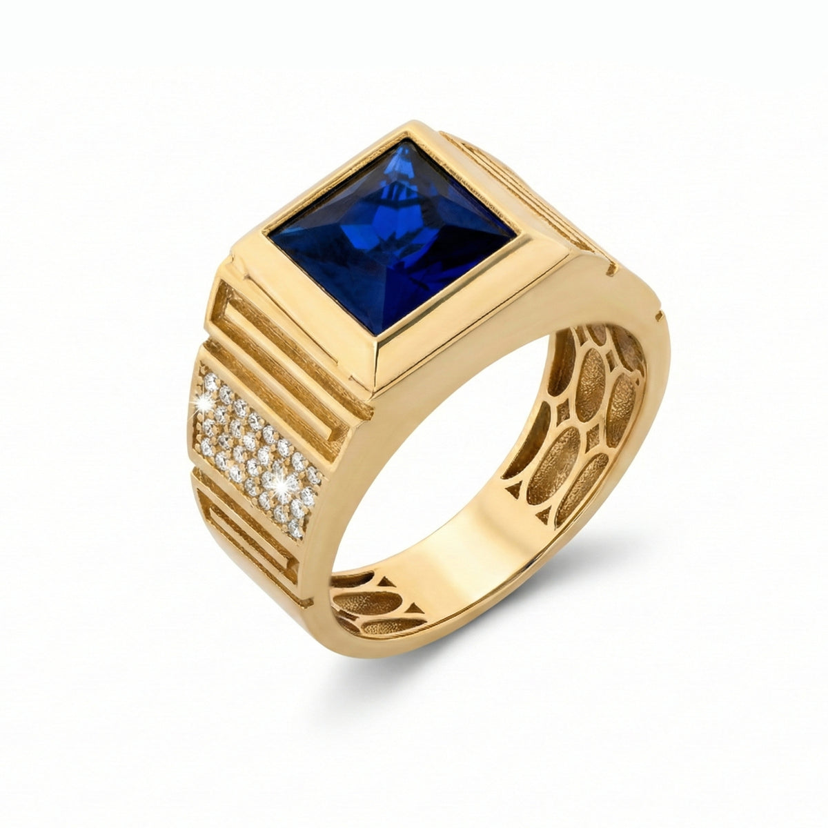 14K Yellow Gold Square Blue Stone Signet Ring