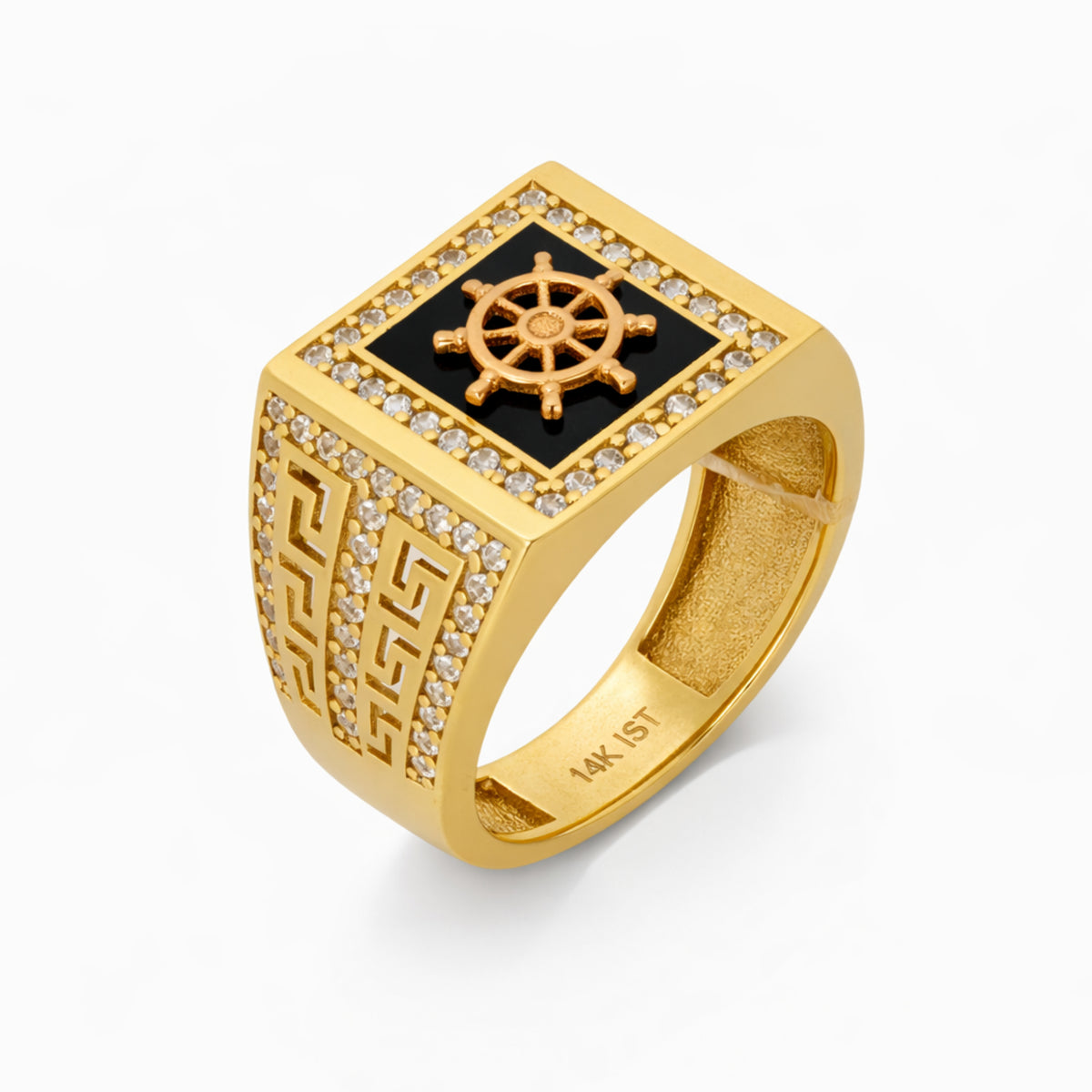 14K Yellow Gold Ship Wheel Black Onyx Signet Ring