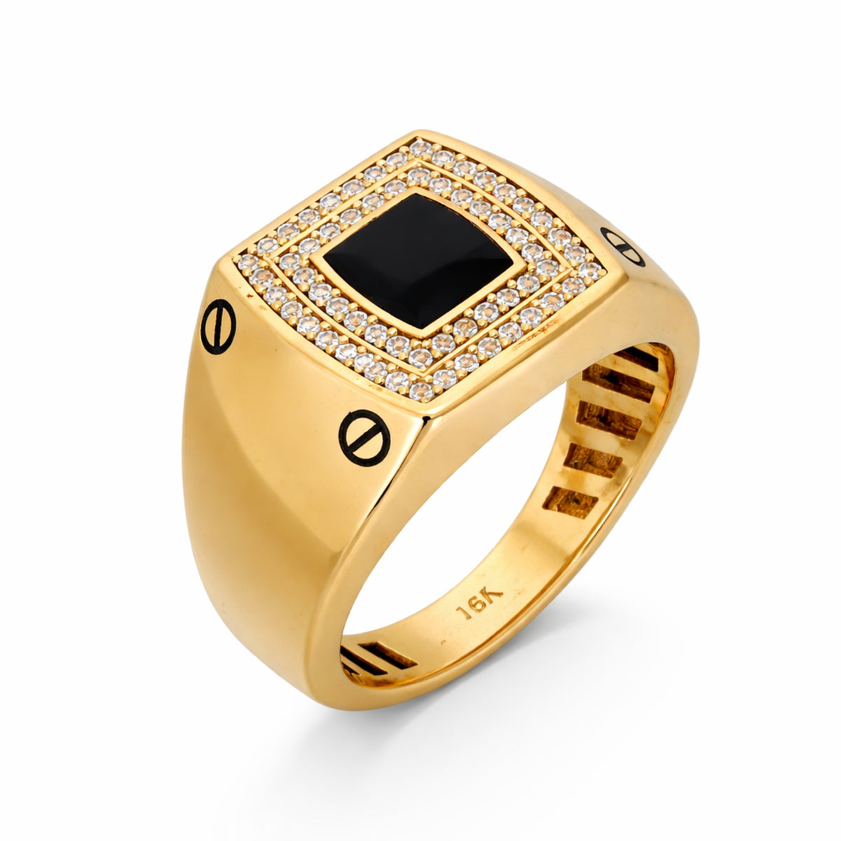 14K Yellow Gold Black Onyx Signet Ring with Double CZ Halo