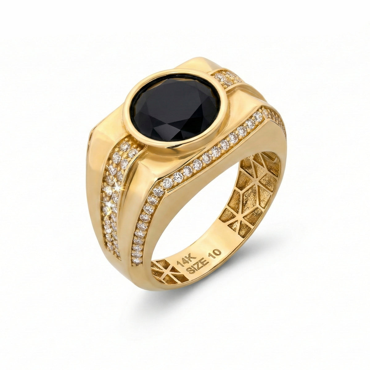 14K Yellow Gold Round Black Onyx Ring with CZ Shoulders