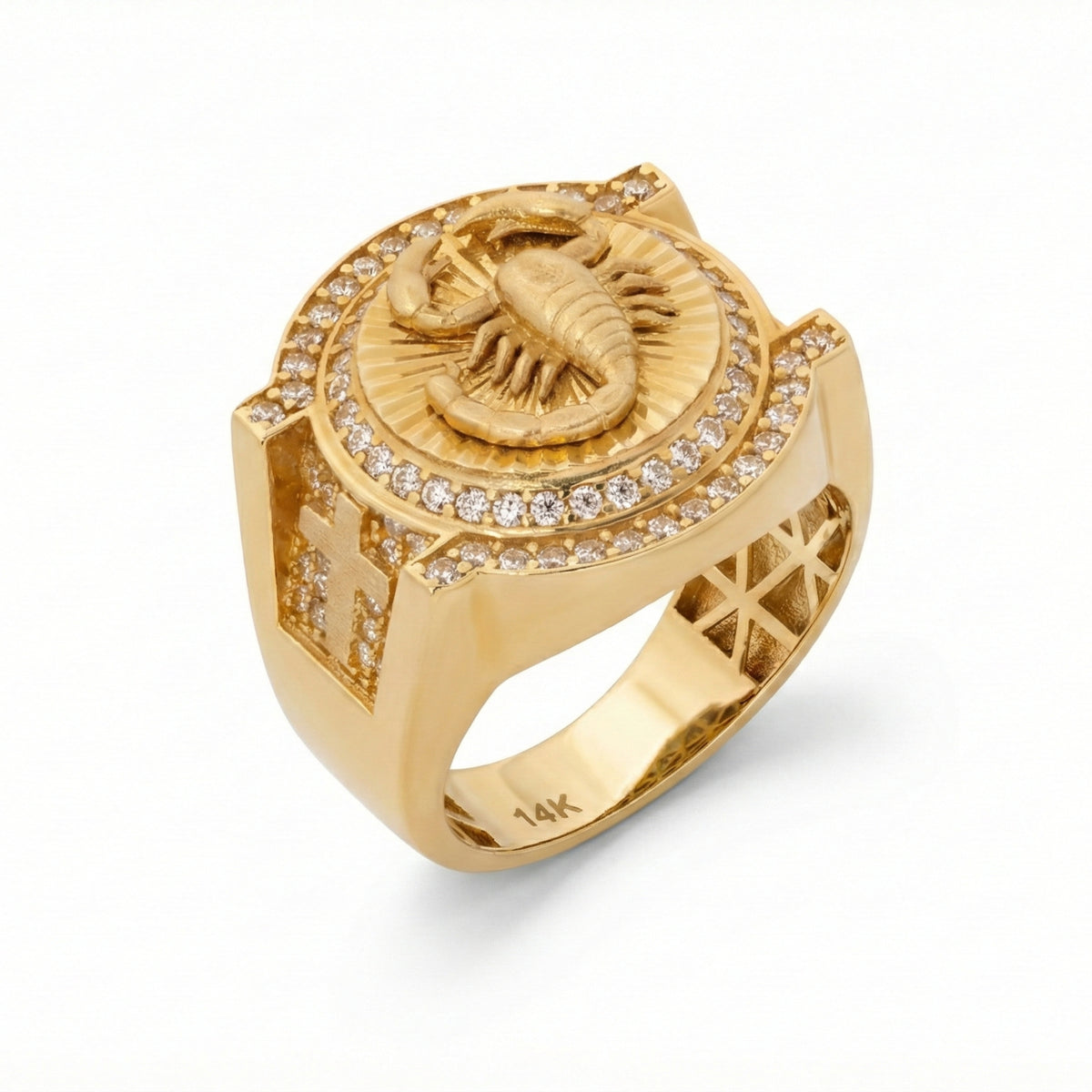 14K Yellow Gold Scorpion Medallion Ring with CZ Halo