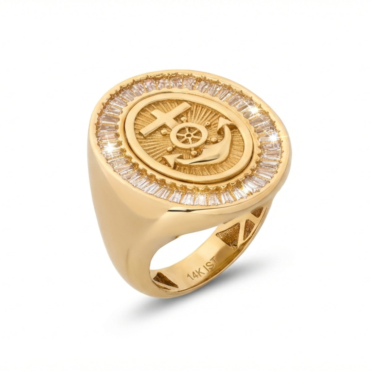 14K Yellow Gold Nautical Anchor Ring with Baguette CZ Halo