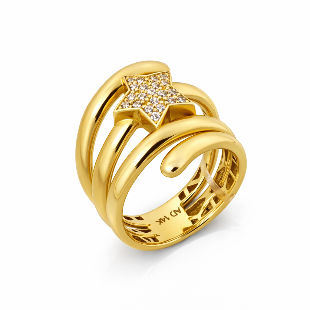 14K Yellow Gold Spiral Band CZ Star Women's Ring