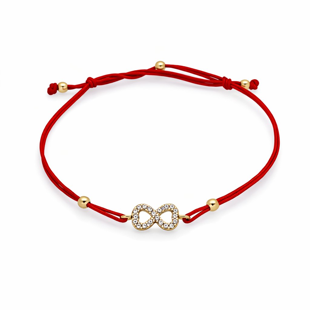 14K Yellow Gold Adjustable Red Cord Bracelet with CZ Infinity Charm