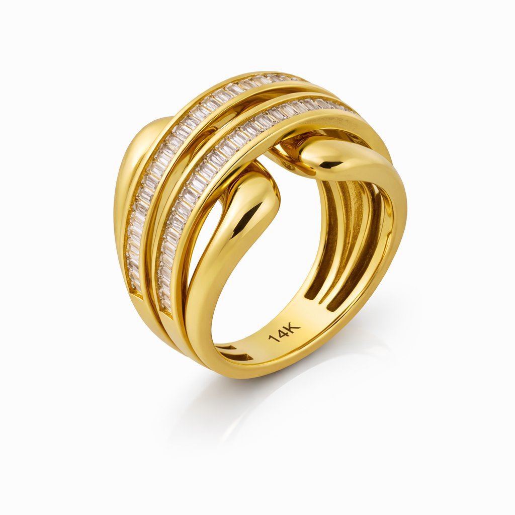 14K Yellow Gold Baguette CZ Channel-Set Crossover Women’s Ring