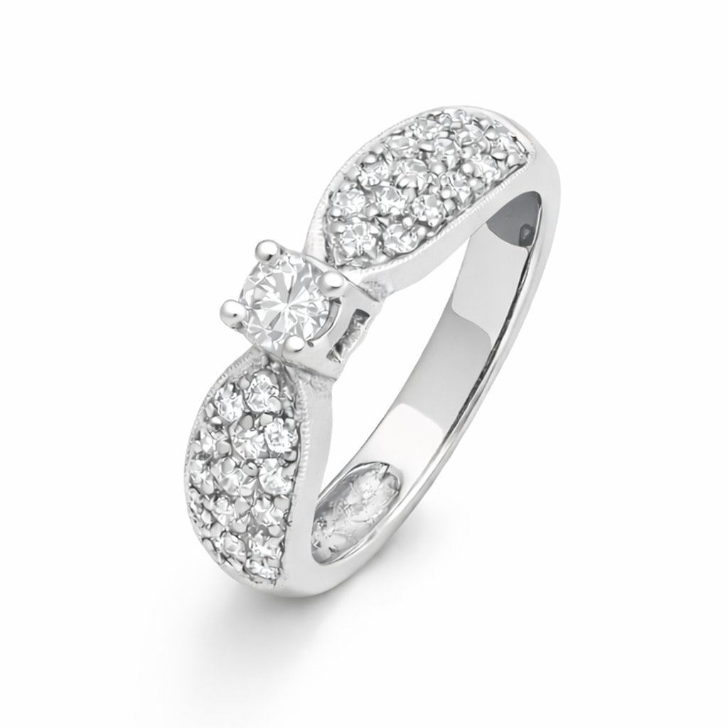 14K White Gold Solitaire Ring – Pavé Bypass Shank